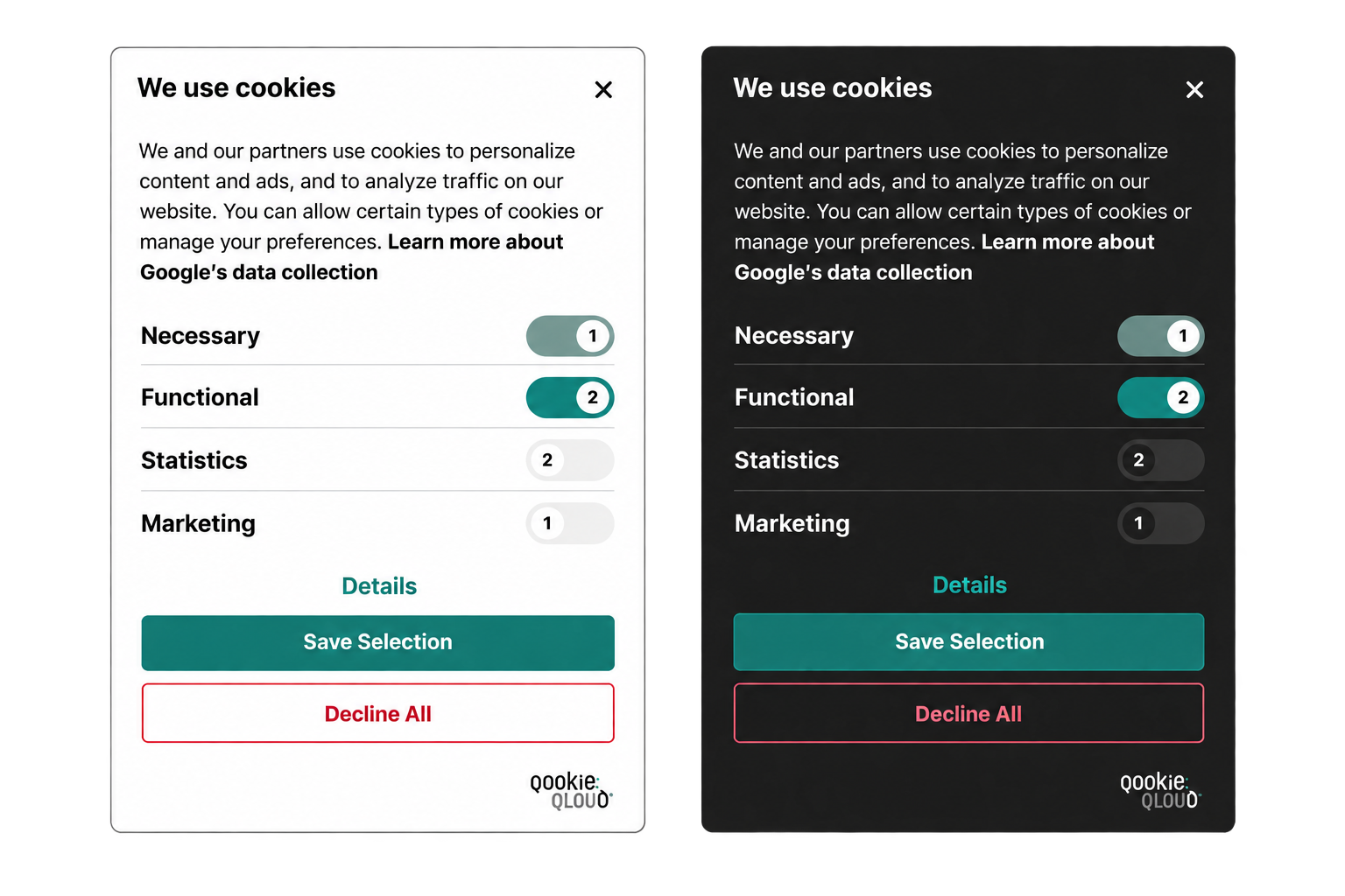 QookieQloud consent panel in light and dark appearances